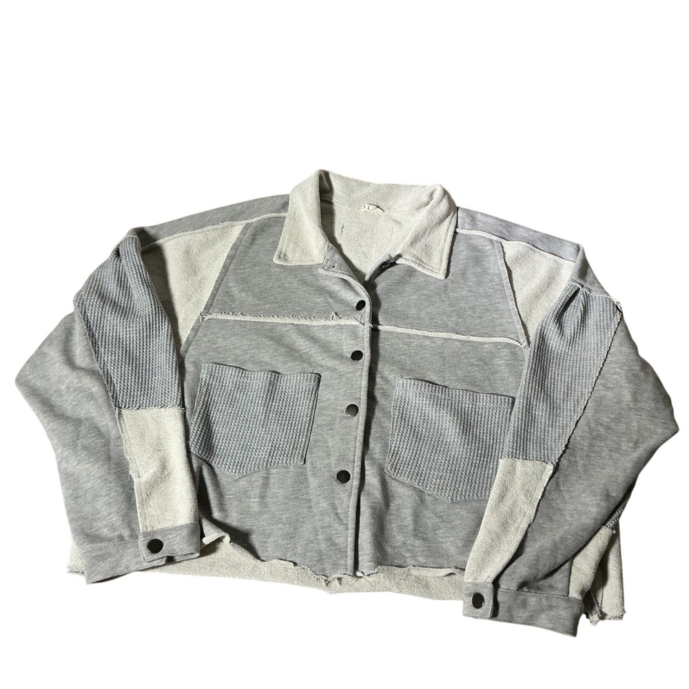 POL Mixed Media Waffle Knit Shacket Women Large Gray Patchwork Raw Hem FKJ58